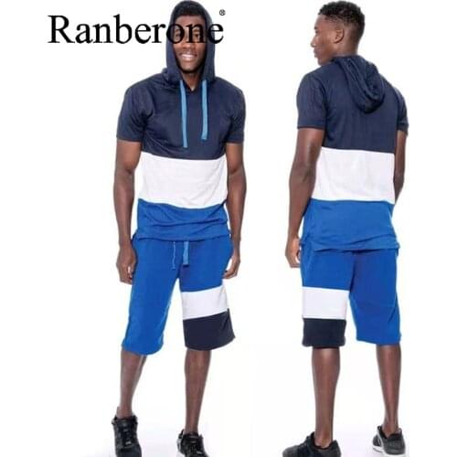 Ranberone Mens Tracksuit Summer Clothes Sportswear Two Piece Set Hoodie + Pocket Pants Casual Sports Suits Track Clothing Male