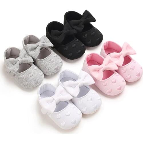 Infant Baby Girl Crib Shoes Heart Embroidery Anti-Slip Soft Sole Heart Print Mary Jane Flats Cute Bow First Walkers