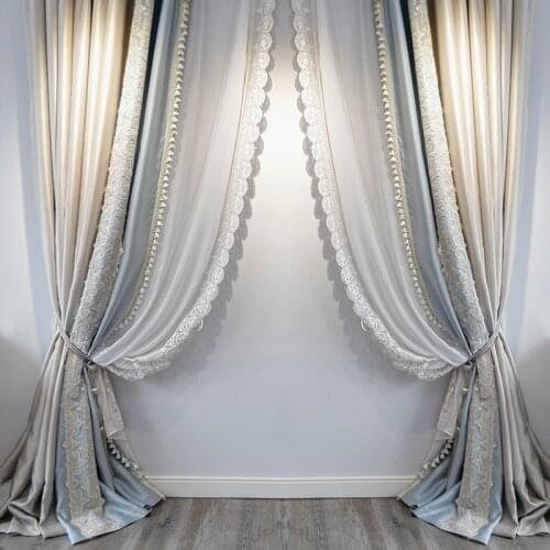 French Living Room Window Drapes Romantic Champagne Sky-blue Cloth Curtains White Solid Sheer Tulle Curtain with Lace Home Decor