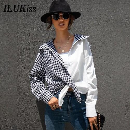 Autumn Plaid Patchwork Long Sleeve Shirt Women Turn-down Collar Blouses Femme Camisas Slim Shirts Ladies Blouse Top 2021 Fall