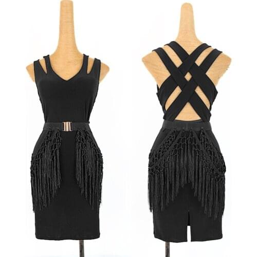 Latin Dance Dress Women Black Sexy Backless Performance Clothing Fringed Belt Tango Salsa Cha Cha Samba Rumba Ladies DNV12748