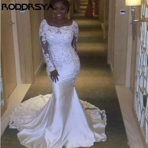 RODDRSYA Vintage Mermaid Wedding Dress With Lace Appliques Scoop Sequins African Plus Size Back Zipper Satin Bride Gowns