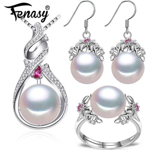 FENASY 925 Sterling Silver Jewelry Sets Natural Pearl Earrings Bohemian Flower Stud Earrings Ruby Pendant Necklaces For Women