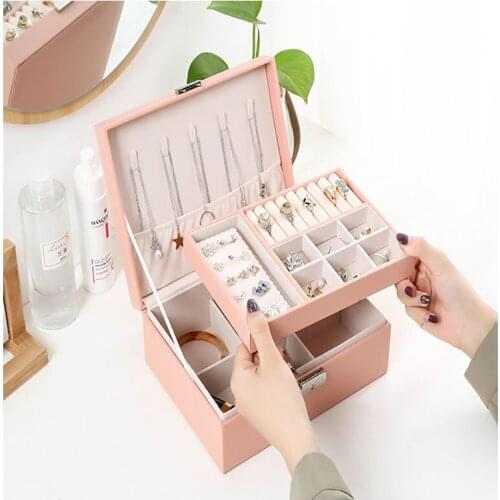 Ear Stud Box Earrings Jewelry Double Lock Large Capacity Jewelry Box Necklace Ring Bracelet Holding Case PU Leather