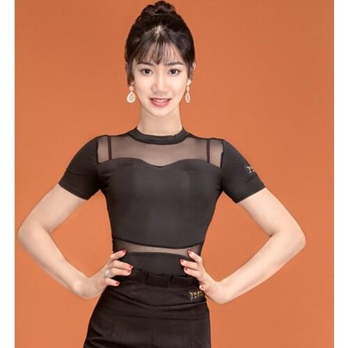 Latin Dance Shirts Ladies Black Short Sleeve Ballroom Top For Women Rumba Cha Cha Samba Clothing Practice Dancewear Lady DN4082