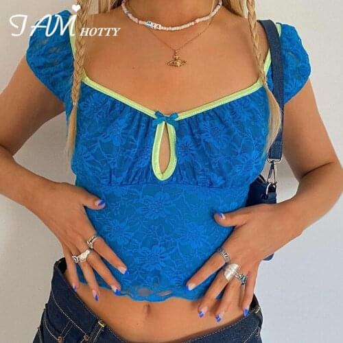 Skinny Chest Hollow Out Sexy Crop Top Tee Women 90s Aesthetic Blue Short Sleeve T-shirt Square Collar Floral Lace Shirt Iamhotty