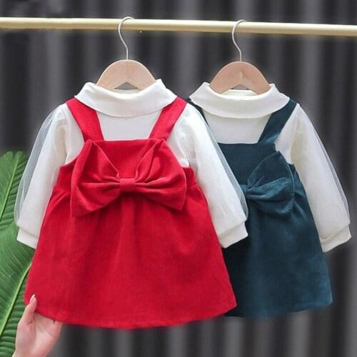 Spring Autumn Baby Girl Clothes Set 2021 New Cute Solid Color Long-sleeve Top + Sling Bowknot Dress Baby Clothes 2-Piece Set