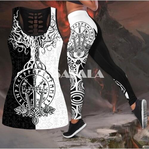Vikings - Odin Tattoo Two Piece Yoga Set Women 3D Print Vest Hollow Out Tank Top High Waist Legging Summer Casual Sport-5