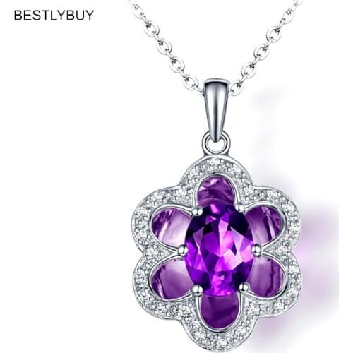 Natural Purple Amethysts Pendant for Women 925 Sterling Silver Flower Necklace Zircon Fine Jewelry With Silver Ch