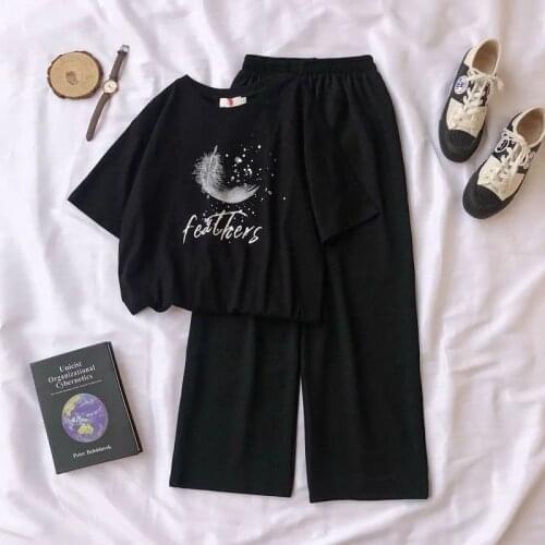 Two-piece Summer Suit Women 2021 New Short-sleeved T-shirt Korean Loose Wide-leg Pants Casual Fashion Two-piece Suit
