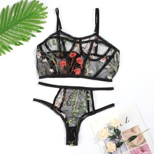 Women Sexy Lace Floral Bra Set Transparent Erotic Top Thong Push Up Bikini Sets Underwear Suit Exotic Apparel Femenina Plus Size