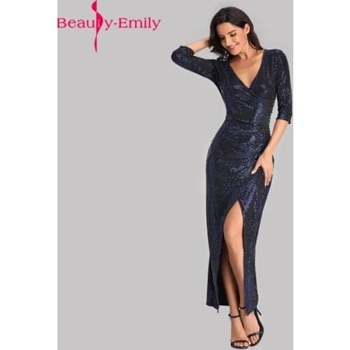 Ankle Length Sequined Mermaid Evening Dress with High Split Charming Long Sleeve V Neck Formal Party Dress Vestidos Real Photo