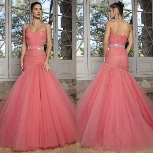 Pink Evening Dresses Long Luxury 2020 Tulle Arabic Mermaid Prom Dress Crystal Belt Women Robes Vestidos De Fiesta