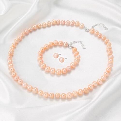 Pearl Necklace Bracelet Stud Earrings For Women Natural Freshwater Pearl Sets Wedding classic Jewelry Gift 7-8mm pink pearl