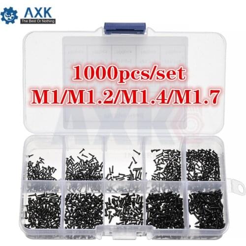 1000pcs/set M1/M1.2/M1.4/M1.7 Round Cross Head Stainless Steel Screws Pan Self Tapping Screw Set Assortment Kit Black