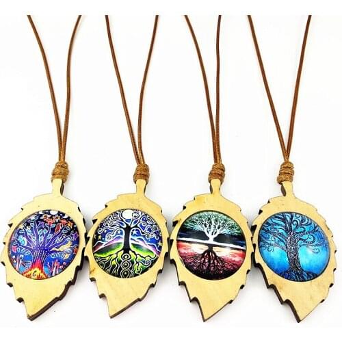 24pcs tree of life Mandala leaves Dome Glass Wood Pendant for Girl Women Necklaces with Wax Rope Chain Jewelry wholesale