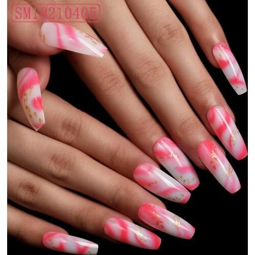 24pcs Pink White Coffin Fake Nail Patch Glue Type Removable Long Paragraph Fashion Manicure False Nails Patch NE