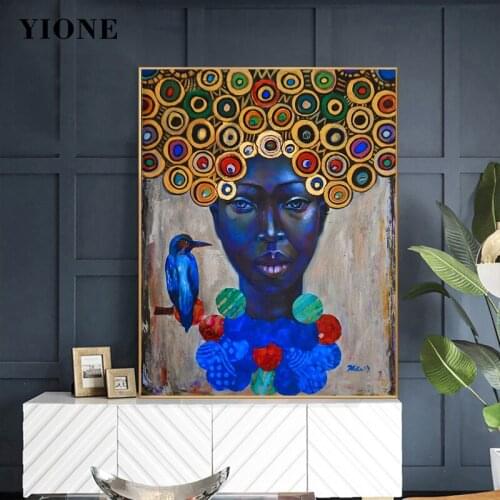Abstract Vintage African Woman with Bird Art Oil Painting Scandinavian Portrait Prints Picture for Living Wall Decoration Poster