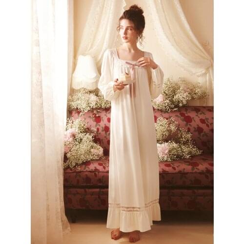 Free Shipping 2021 NEW Vintage Royal Cotton Nightgowns Womens Long Pijamas White Sleepwear Lace pijama feminino