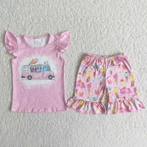 Boutique Kids Summer Outfits With Ruffle Sleeve Baby Girls Pink Color Top And Shorts Set Toddlers Cartoon Clothes