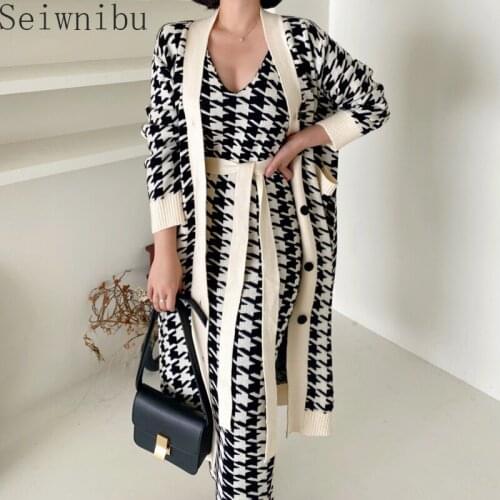 One-Piece Ladies Houndstooth Knitted Sweater Dress Korean Loose Long Sleeves Cardigan And Jacket 2020 Winter Women Knit Dresses