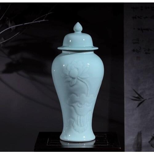 Jingdezhen Ceramics Hand Relief Lotus temple Jar Vase Antique New Chinese Ginger jar Living Room porcelain ceramic jar