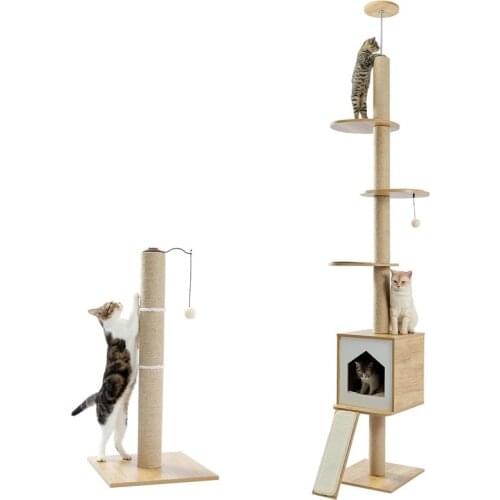 Four Tier Floor-to-Ceiling Cat Tree + Scratching Post Toy- 94.5-102.4 in Modern Cat Climbing Tower with a Scratcher Beige