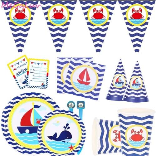 Nautical Party Dinnerware paper Plates Napkins Table Cover Baby Shower Sailors Supplies Anchor Sailboat Yacht Decor Tableware
