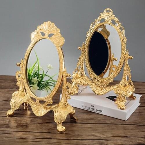 European Tabletop Mirror Metal Art Craft Vintage Home Decoration Mirror Frame Bedroom Make Up Cosmetic Mirror Wedding Decor Gift