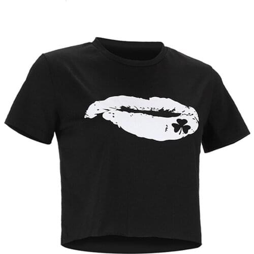 Women T-Shirts Lip Print T-shirt O Neck Short Sleeve Summer Autumn Casual Loose Short Top Loose Ladies Basic Daily Streetwear