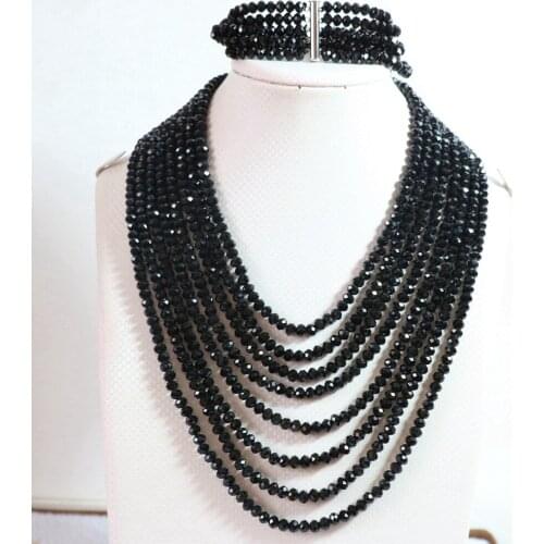 HOT!!fashion black crystal glass 4x6mm beads jewelry set 8 rows chain nacklace 5 rows bracelet beads B849
