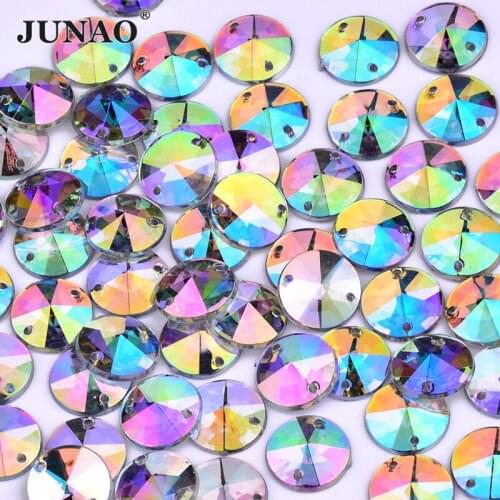 JUNAO 10mm Round Crystal AB Color Sew on Rhinestone Beads Rivoli Sewing Stones Flat Back Acrylic Strass for Needlework Craft
