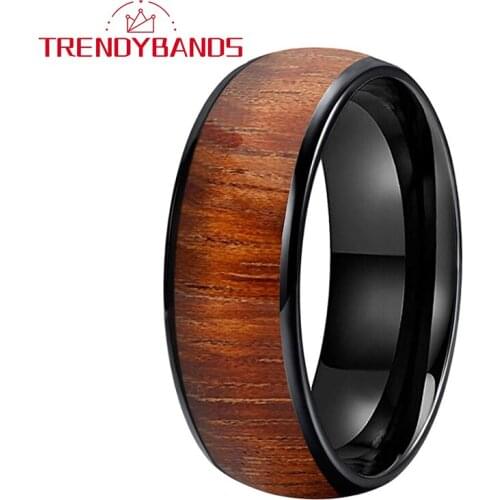 8MM Black Men Women Wood Inlay Tungsten Carbide Rings Wedding Band Domed Polished Shiny Comfort Fit