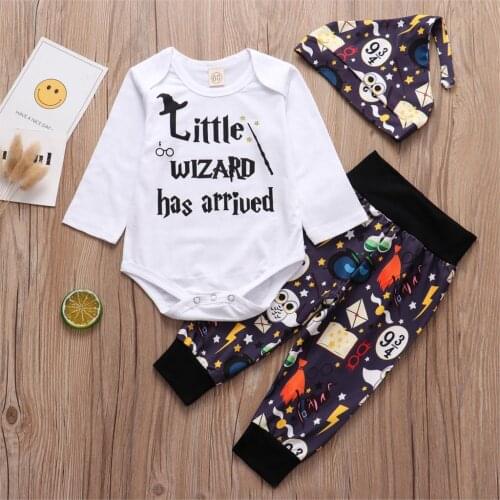 3PCS Newborn Infant Baby Clothing Set 2020 Halloween Cosplay Outfits Little Wizard Has Arrived Romper+Pants+Hat Baby Boy Outfit
