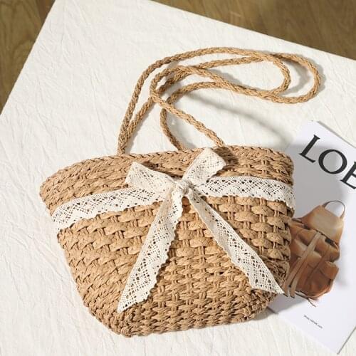 2021 New Lace Bow Straw Woven Fashion Girls Handbag Fairy One Shoulder Portable Beach Bag Womens Summer Holiday Shoulderbag