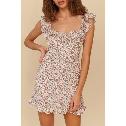 Floral Print Summer Dress Women Clothing 2021 Ruffle Edge Sweetheart Neck Sleeveless Mini Dress Ruffle Hem Beach Dress Vacation