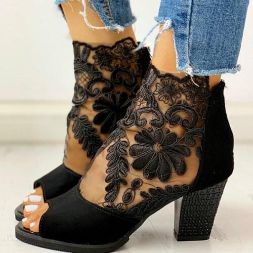 Fashion Women Sandals High Heels Peep Toe Lace Flower lace High Heel Ankle Strap Net Surface Hollow Out Sandals woman
