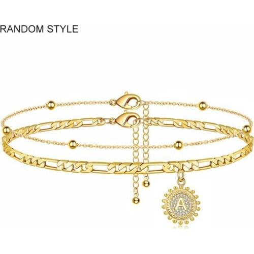 Initial A-Z Letter Anklet For Women Hexagon Gold Color Leg Bracelet Figaro Chain Alphabet Anklet Set Summer Foot Jewelry