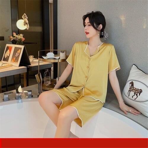 Sexy Solid Color Satin Sleepwear Rayon Women Pajamas Short Sleeve Shorts Home Suit Two Piece Set Nightwear