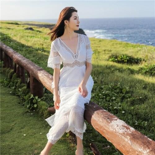 DUISNENA boho dress v-neck women dresses white chiffon fairy hollow out lace layered dress sexy robe mujer vestidos
