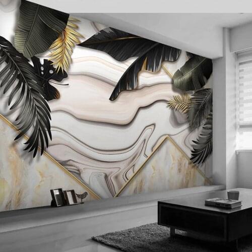 Custom Mural Wallpaper Nordic Hand Painted 3D Tropical Plant Leaves Jazz White Marble Background Wall Painting Papel De Parede
