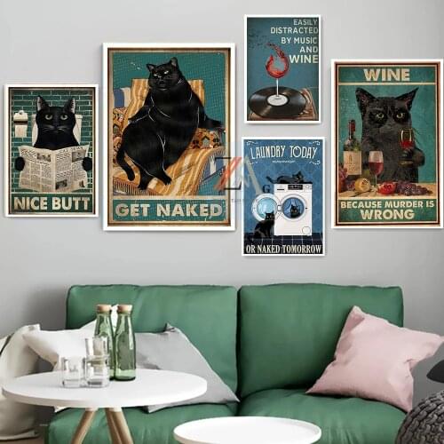 Retro Spirit Black Cat Poster Picture Toilet Nude Restaurant Eating Art Wall Painting Canvas Printing For Modern Home Room Decor