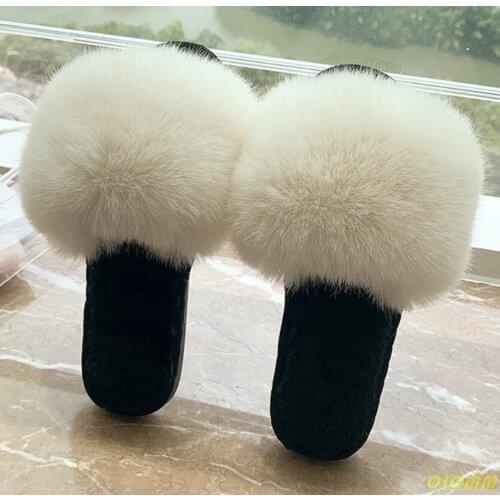 Hot Women Faux Raccoon Fur Fluffy Slippers Furry Fox Hair Sandals Woman Flat Non Slip Plush Slides Casual Beach Outside Shoes
