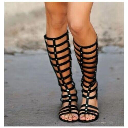 New Hot Girls Black Beige Gold Gladiator Cuts Out Knee High Sandals Boots Woman Casual Zipper Buckle Rivets Flat Long Boots