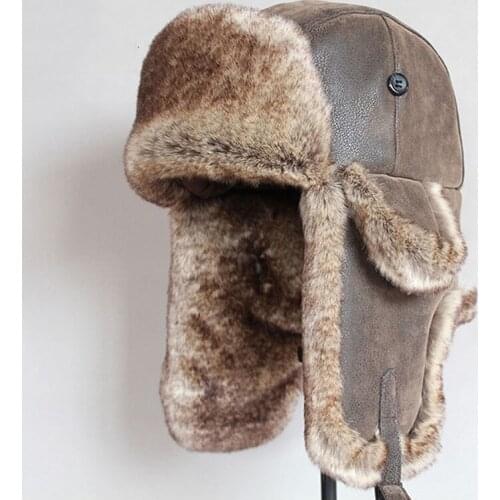 Bomber Hats Winter Thicken Men Warm Russian Ushanka Hat With Ear Flap Pu Leather Fur Trapper Cap Earflap 2021 New