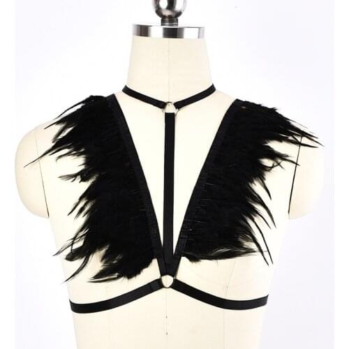 Body Harness Beautiful Black Feather Epaulette Body Harness High Quality Sexy Lingerie Pastel Goth Cage Bra Body Belt