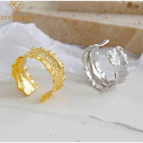 XIYANIKE 925 Sterling Silver Korean Irregular Wave Sand Surface Ring Female Open Creative Design Geometric Golden Tree Bark Gift