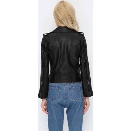 Women Spring Autumn Short Leather Biker Coat Lapel Collar Zipper Slim Fit Ladies Casual Outwear Sheepskin Genuine Leather Jacket