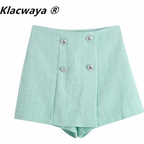Klacwaya Za Womens 2021 Spring New Textured High Waist Double Breasted Button Ornament Short A- Line Short Pants Skirt