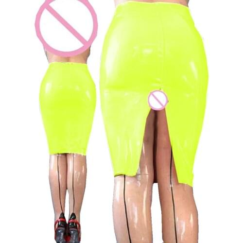 Women Sexy Knee Length Bodycon Skirt Zipper Back Split Skirts Plus Size PVC Slim Skirt Party Wear Shiny Solid Leather Skirt
